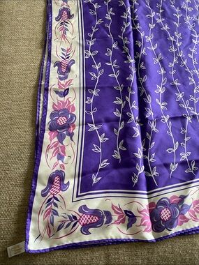 Monique Martin Purple and Cream Floral Silk Scarf rolled hem